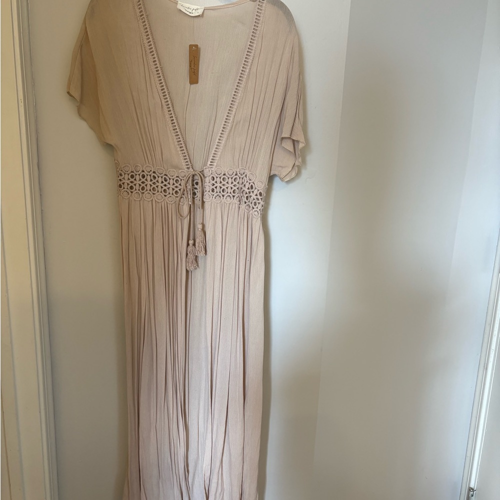 lavender field Beige Boho V-Neck Midi Dress with Crochet Waist